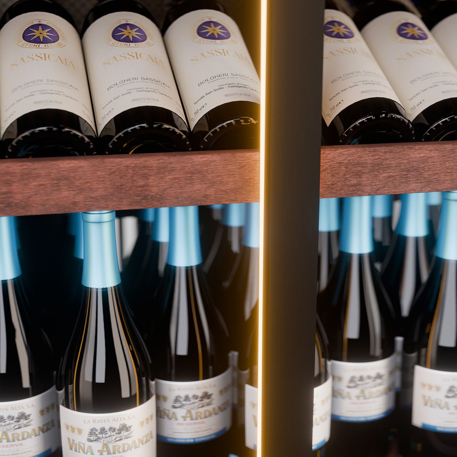 SWISSCAVE Wine Wall featuring premium Sapeli wood shelves and architectural aesthetics